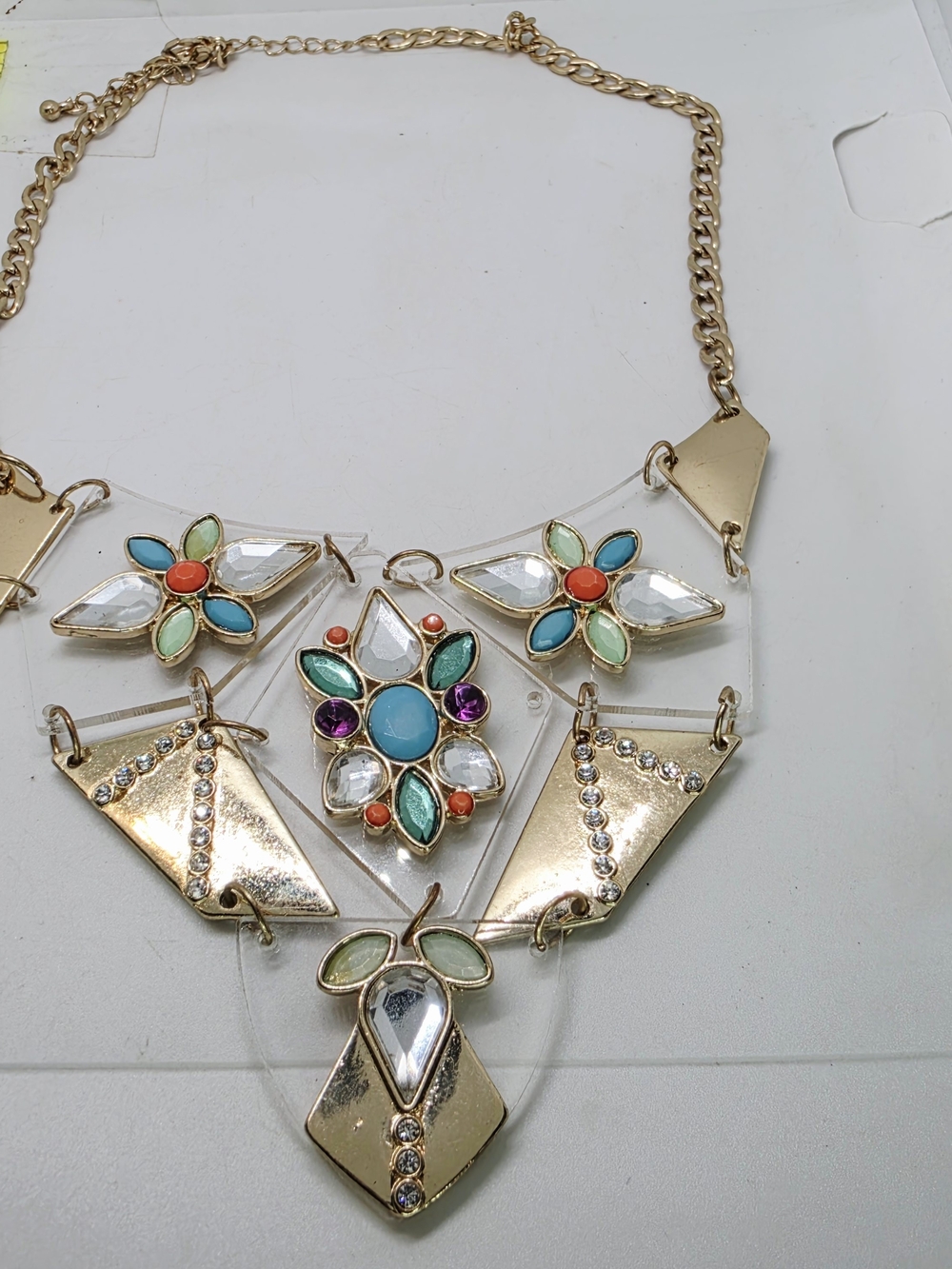 Y2k Boho Gold Tone Geometric Bib Statement Necklace Colorful Rhinestones Acrylic